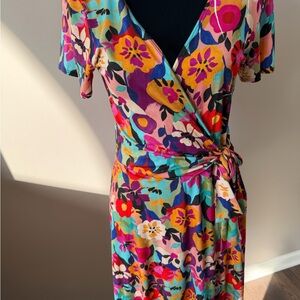 Salaam Colorful Short Sleeve Faux Wrap Tie Waist Dress Medium